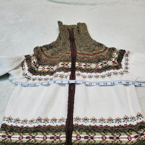 Tiara White Green Knit Fair Isle Cozy Everyday Fall Turtleneck Cardigan Women S - Picture 7 of 9
